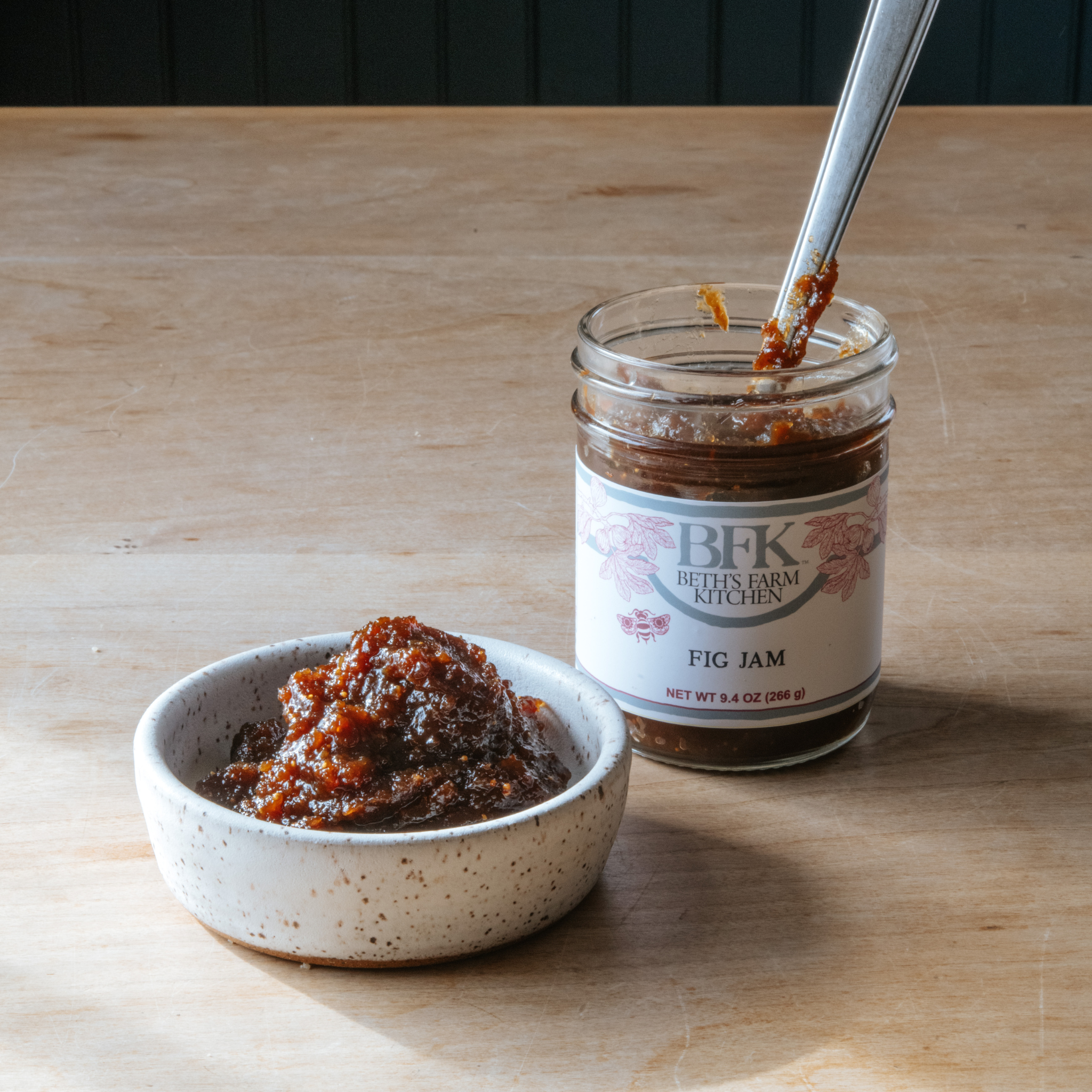Fig jam with spoon and in the bowl from Beth's Farm Kitchen