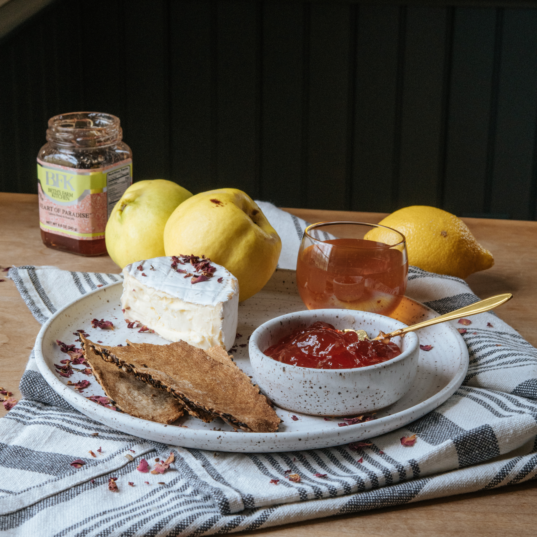 Life style photo of Heart of Paradise - quince with honey and rose petals jelly by Beth's Farm Kitchen