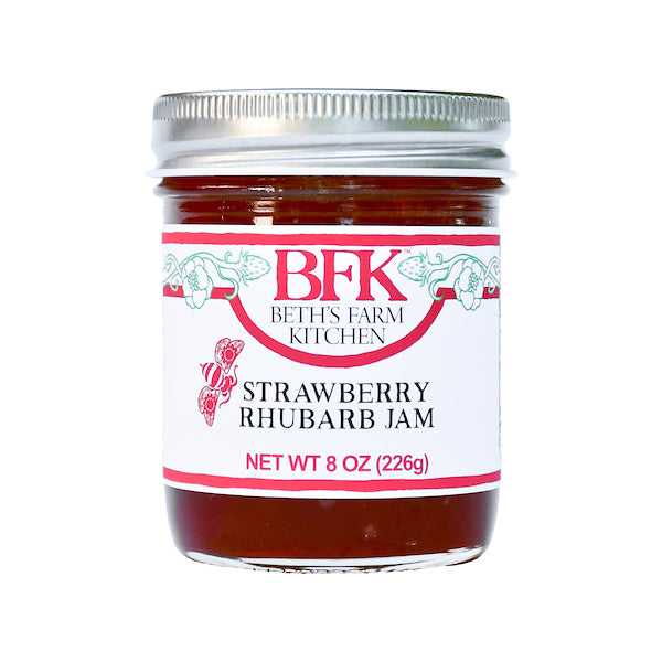 jar of Strawberry Rhubarb jam by Beth's Farm Kitchen