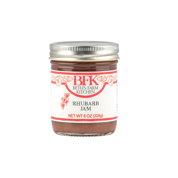 jar of rhubarb jam by Beth's Farm Kitchen