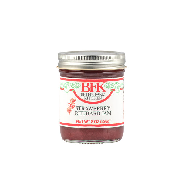 jar of strawberry rhubarb jam by Beth's Farm Kitchen