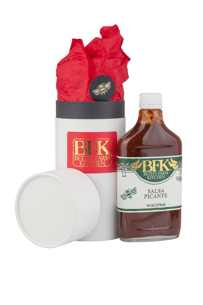 flask of salsa picante hot sauce by Beth's Farm Kitchen