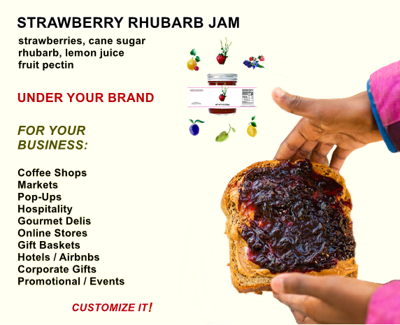 Private label jar of strawberry rhubarb jam by Beth's Farm Kitchen